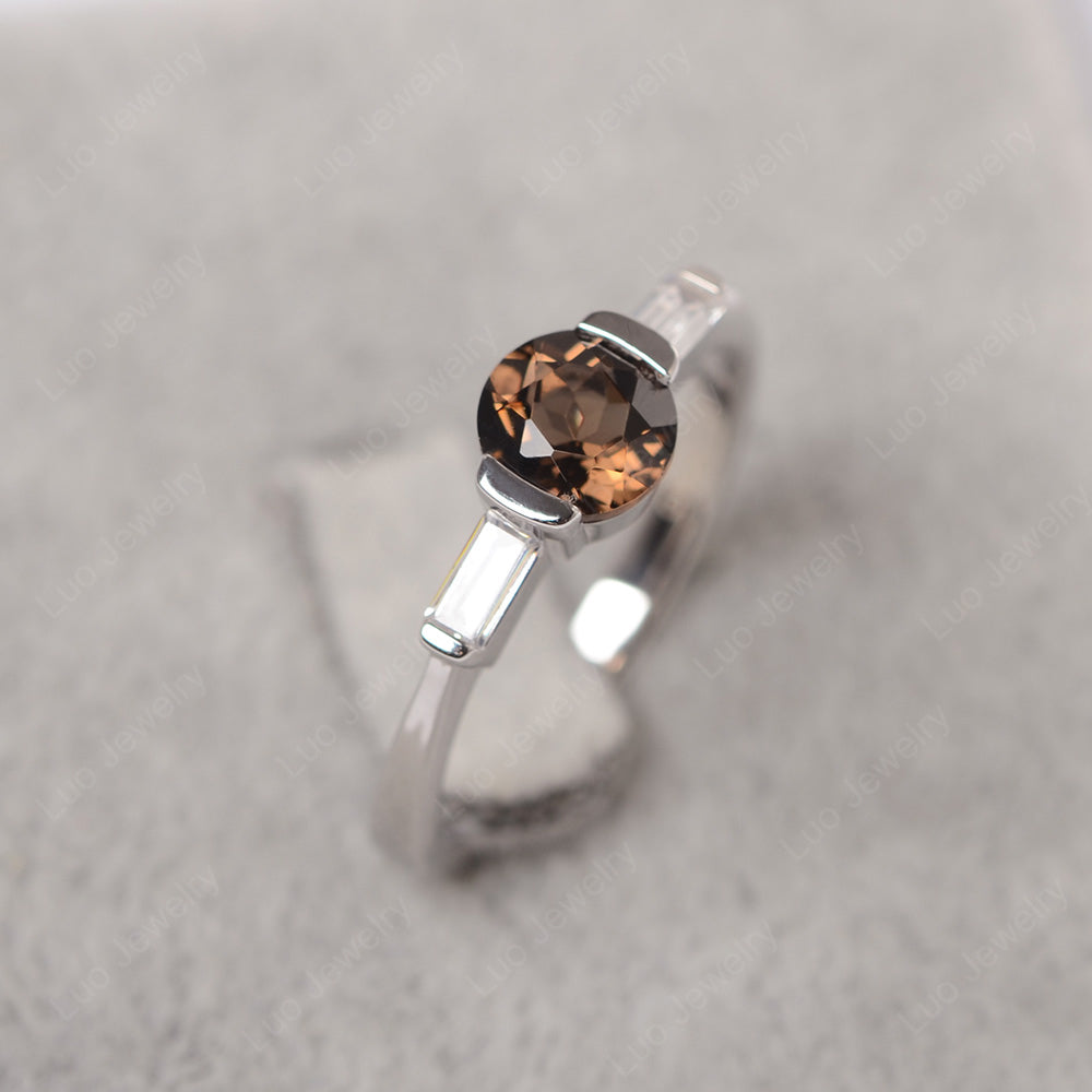 Smoky Quartz  Ring Round Cut With Baguette Side - LUO Jewelry