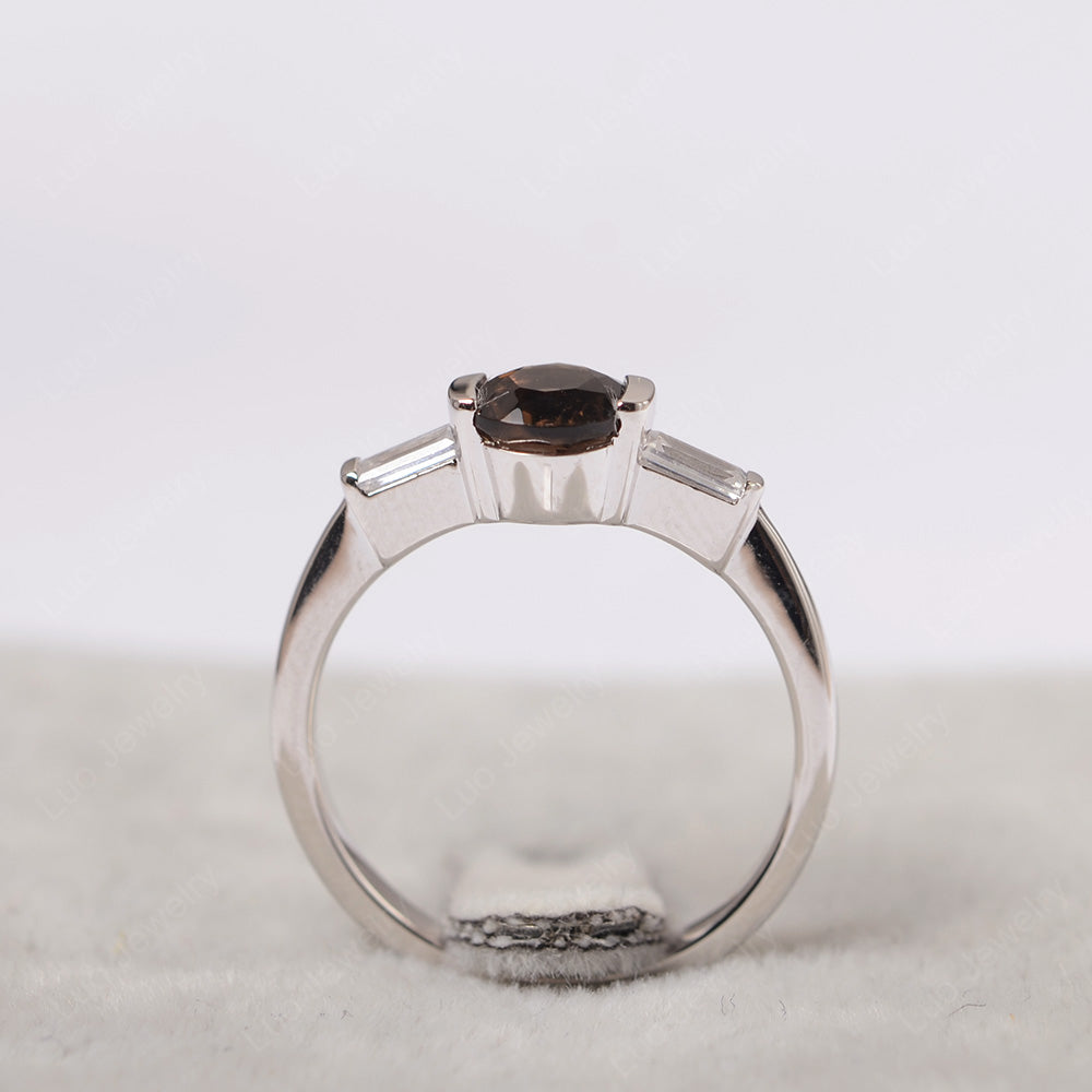 Smoky Quartz  Ring Round Cut With Baguette Side - LUO Jewelry