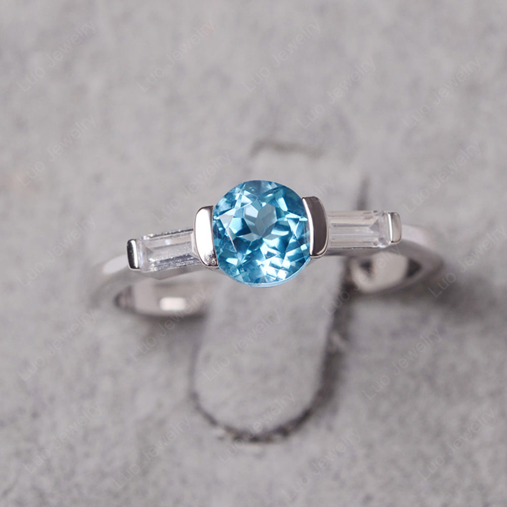 Swiss Blue Topaz Ring Round Cut With Baguette Side - LUO Jewelry