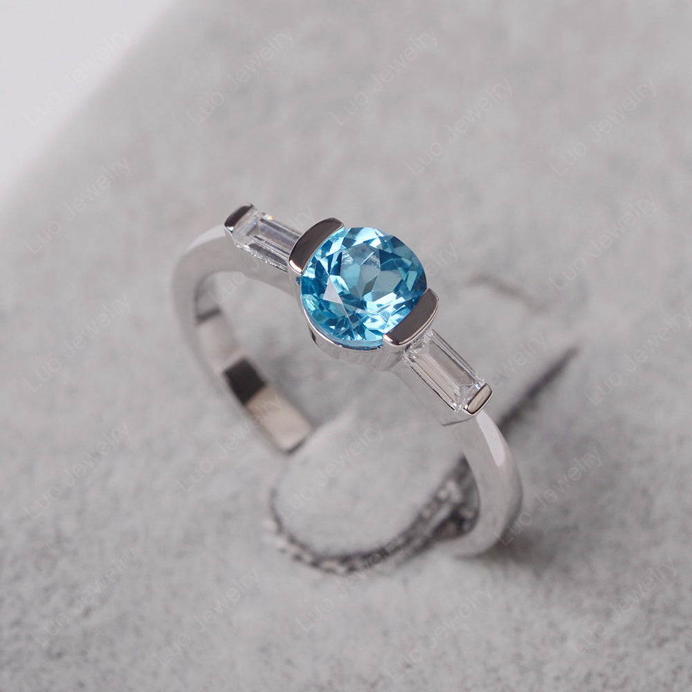 Swiss Blue Topaz Ring Round Cut With Baguette Side - LUO Jewelry