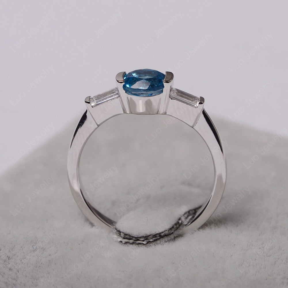 Swiss Blue Topaz Ring Round Cut With Baguette Side - LUO Jewelry