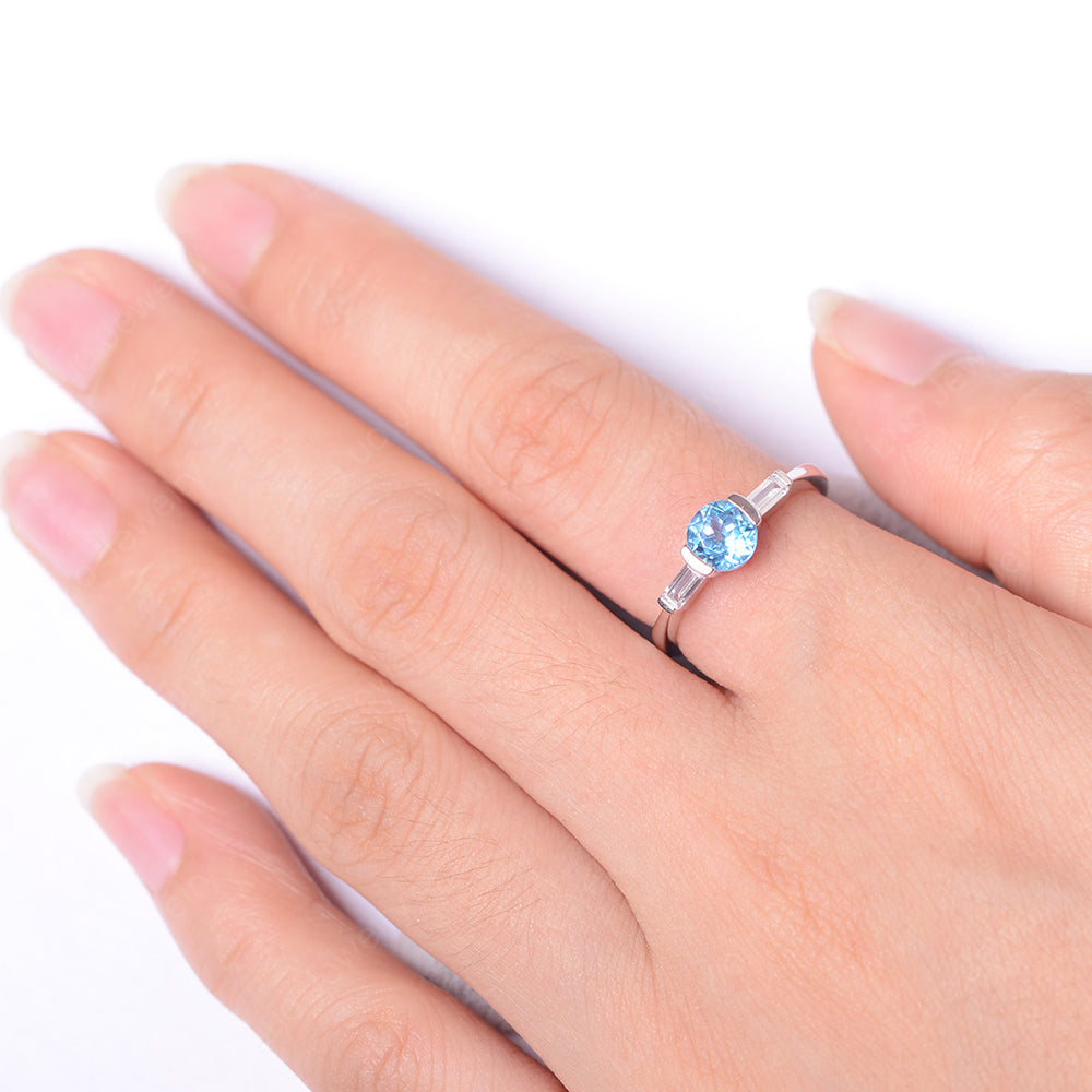 Swiss Blue Topaz Ring Round Cut With Baguette Side - LUO Jewelry