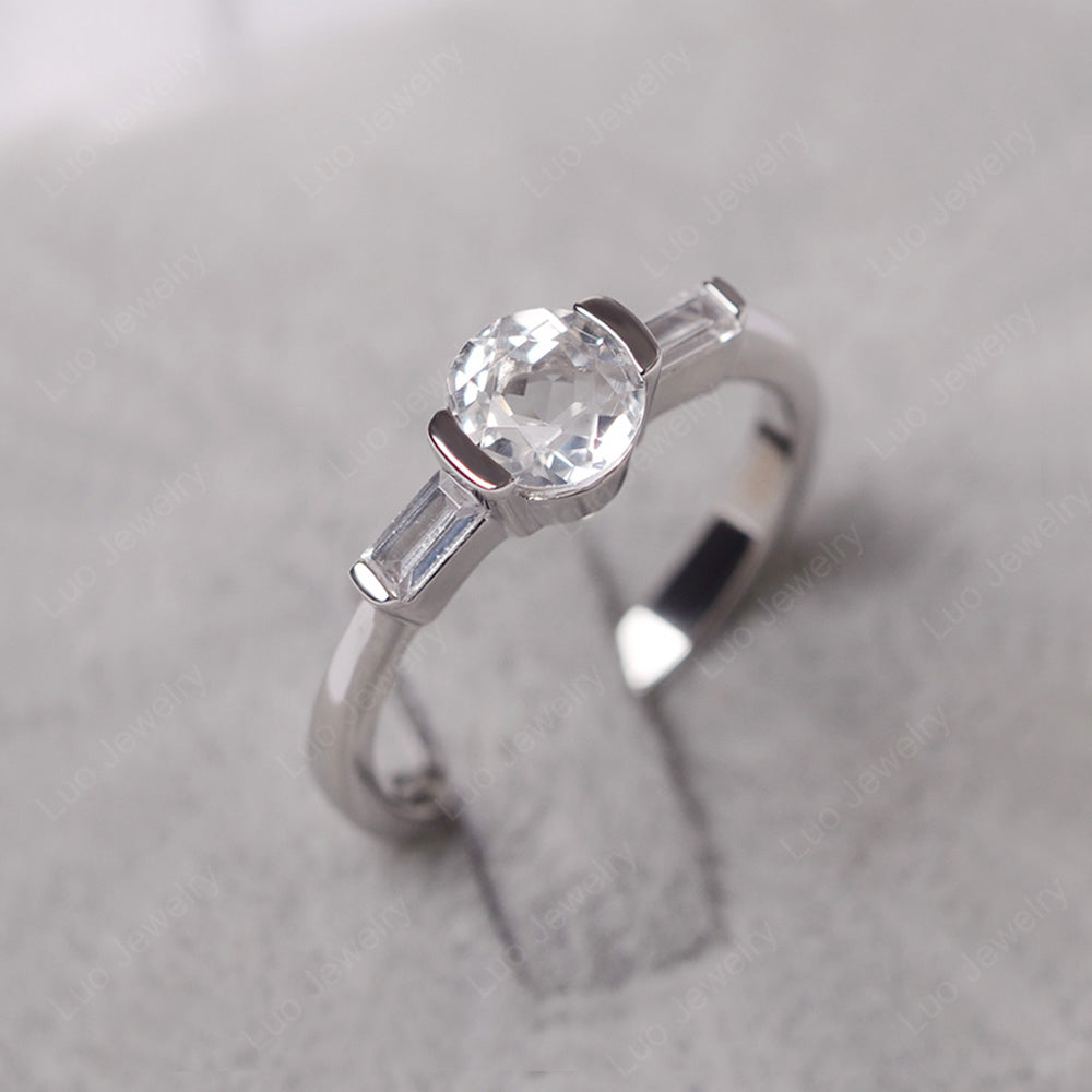 White Topaz Ring Round Cut With Baguette Side - LUO Jewelry