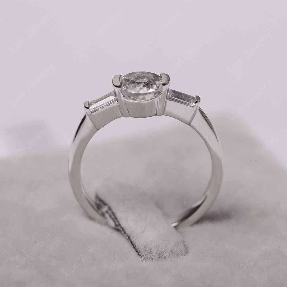 White Topaz Ring Round Cut With Baguette Side - LUO Jewelry