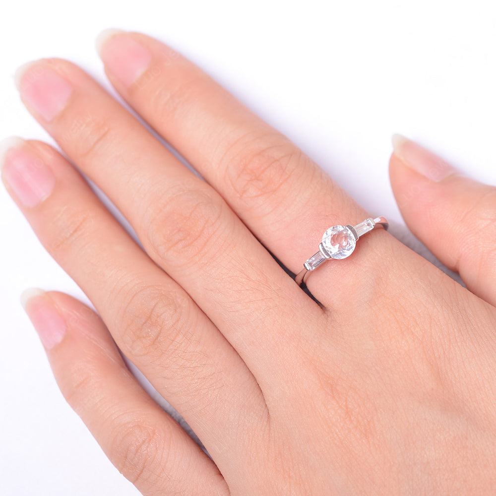 White Topaz Ring Round Cut With Baguette Side - LUO Jewelry