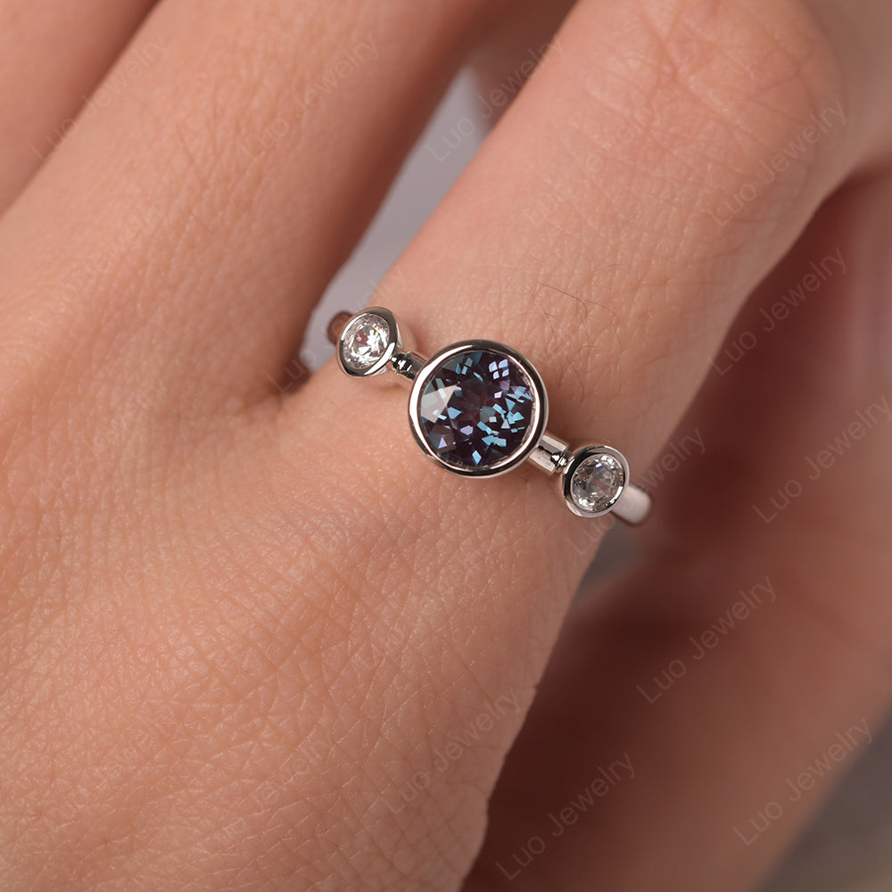 Alexandrite Wedding Ring 3 Stone Bezel Set Ring - LUO Jewelry