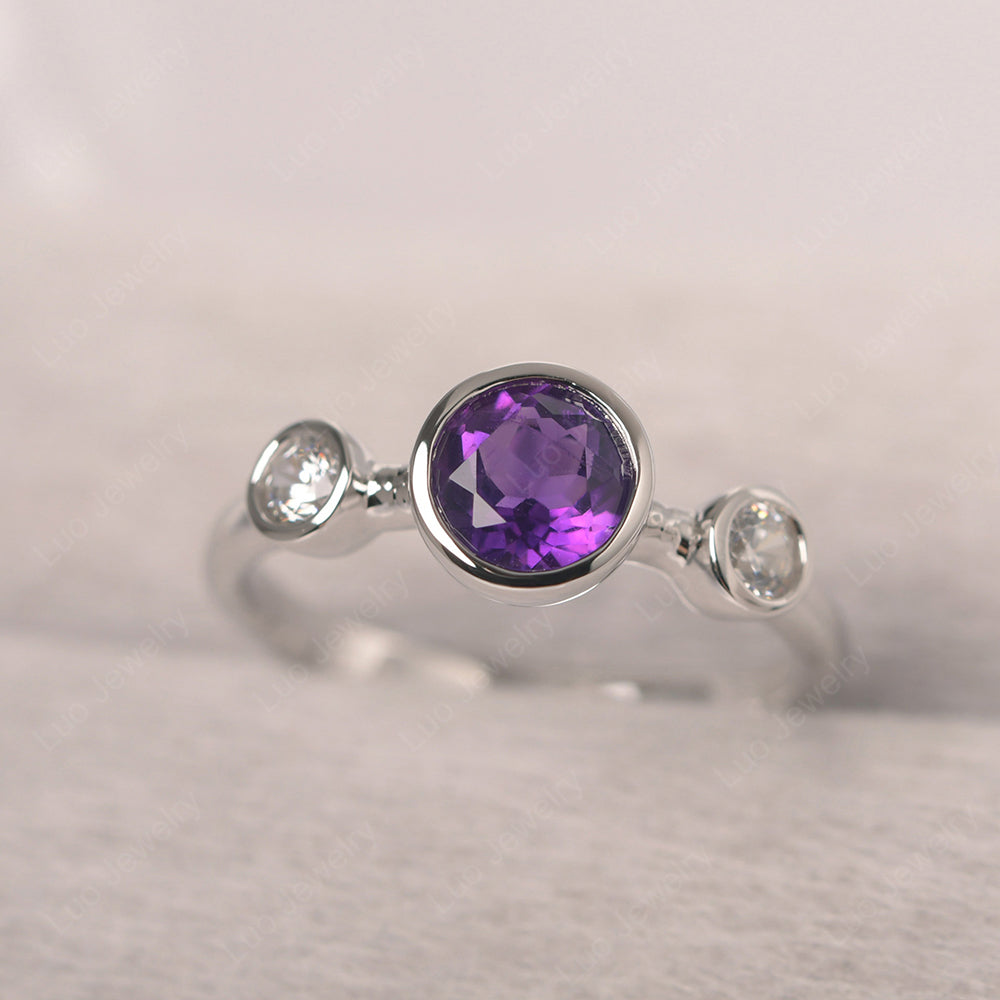 Amethyst Wedding Ring 3 Stone Bezel Set Ring - LUO Jewelry