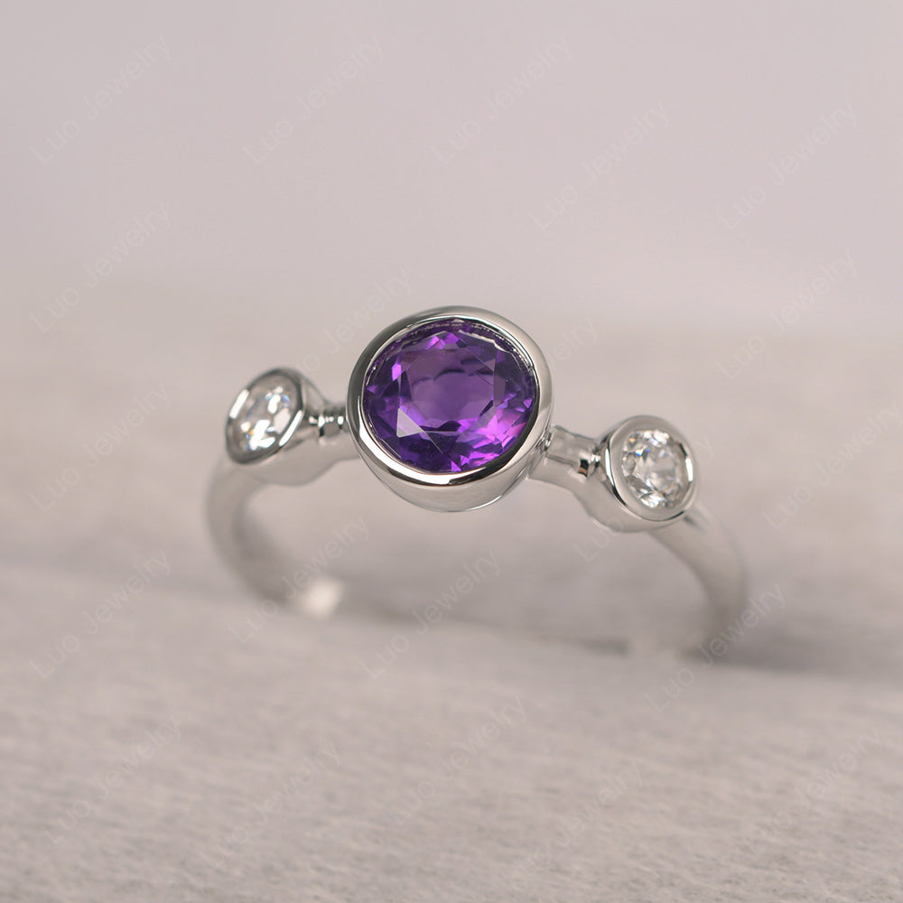 Amethyst Wedding Ring 3 Stone Bezel Set Ring - LUO Jewelry