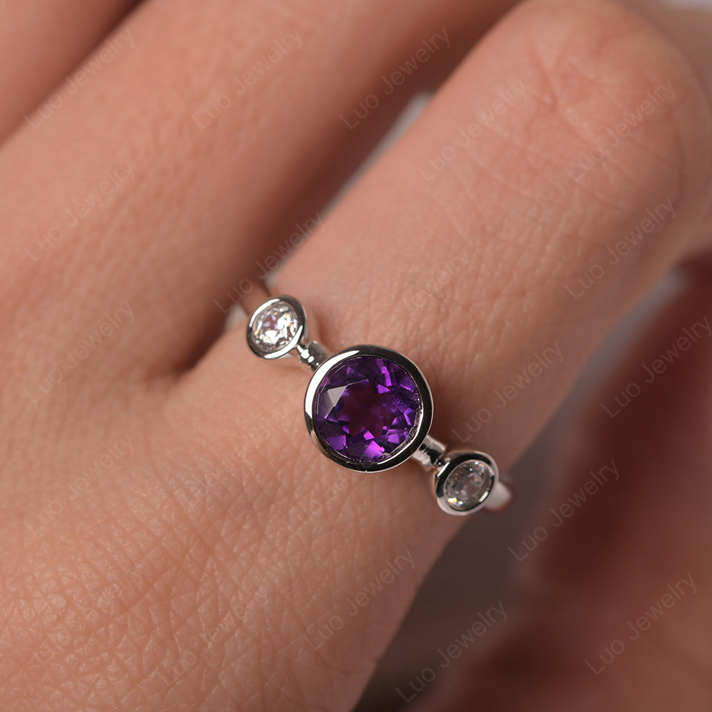 Amethyst Wedding Ring 3 Stone Bezel Set Ring - LUO Jewelry