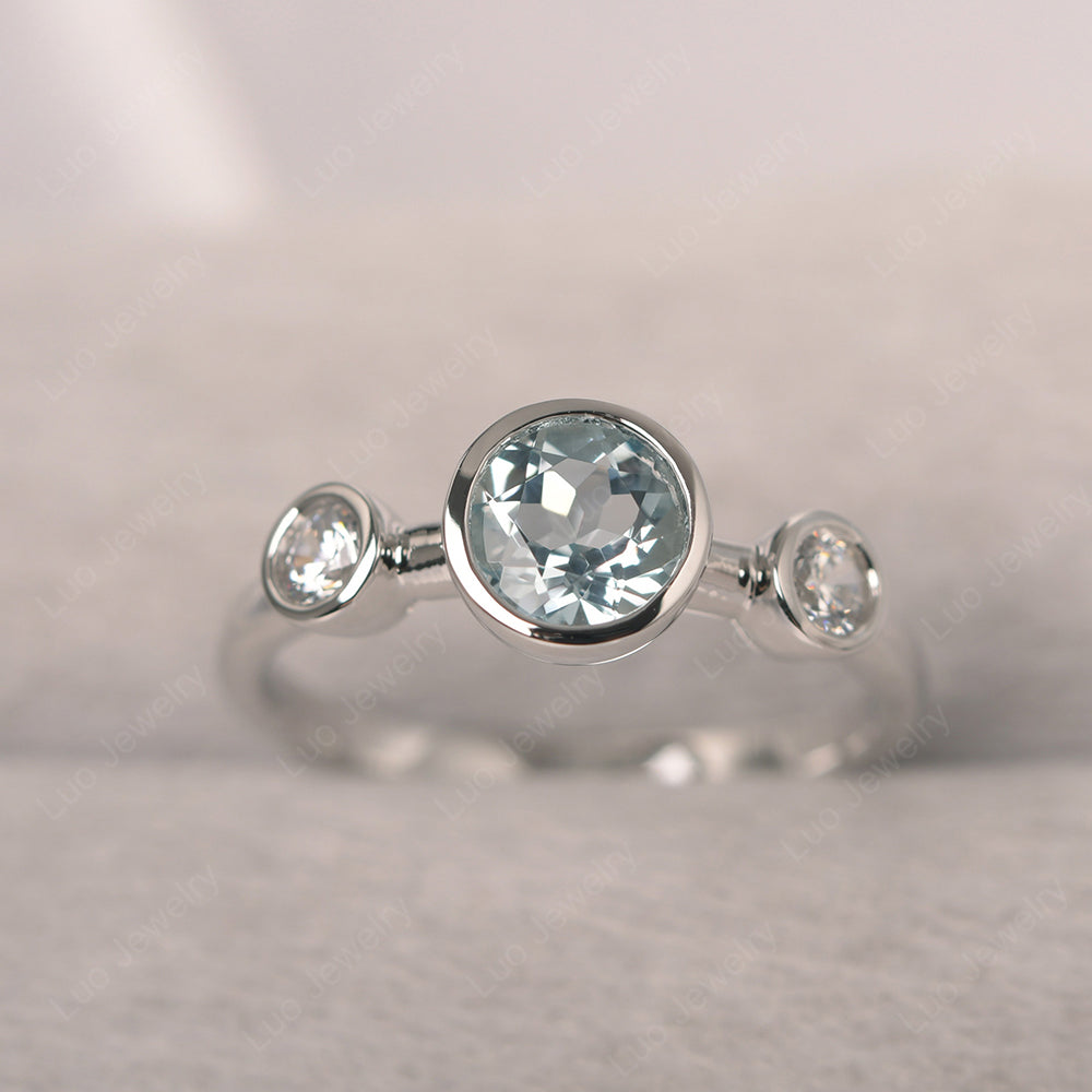 Aquamarine Wedding Ring 3 Stone Bezel Set Ring - LUO Jewelry