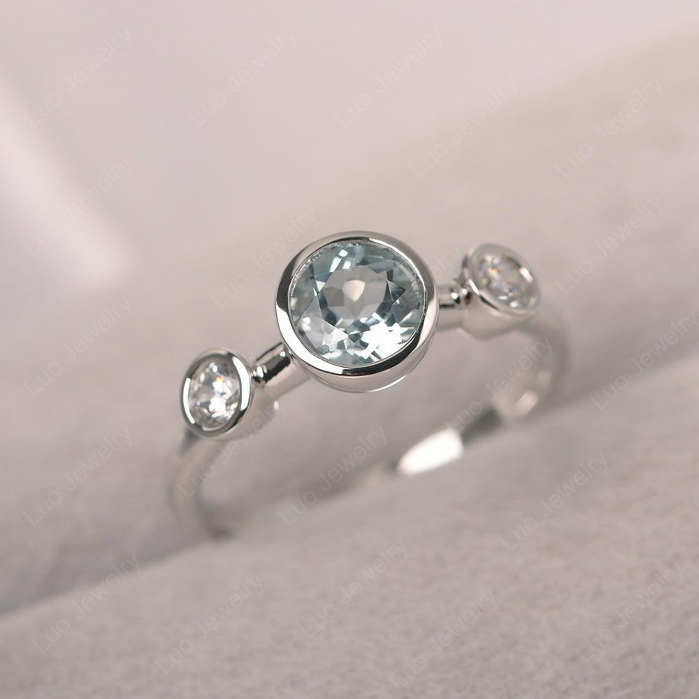 Aquamarine Wedding Ring 3 Stone Bezel Set Ring - LUO Jewelry