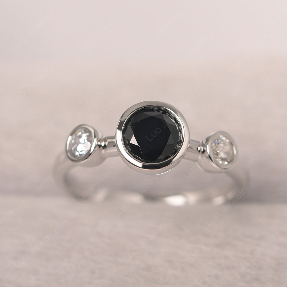 Black Spinel Wedding Ring 3 Stone Bezel Set Ring - LUO Jewelry