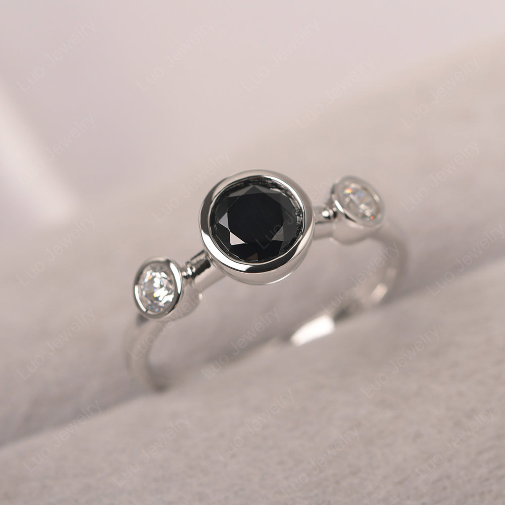 Black Spinel Wedding Ring 3 Stone Bezel Set Ring - LUO Jewelry