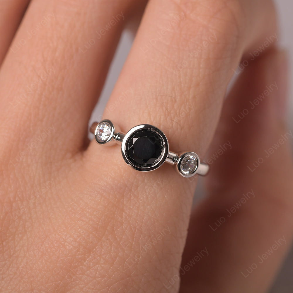 Black Spinel Wedding Ring 3 Stone Bezel Set Ring - LUO Jewelry
