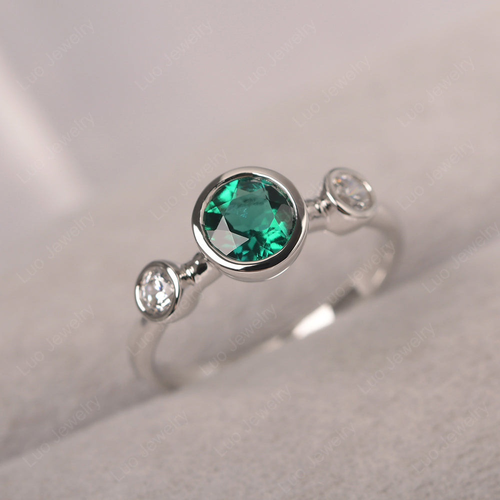 Lab Emerald Wedding Ring 3 Stone Bezel Set Ring - LUO Jewelry