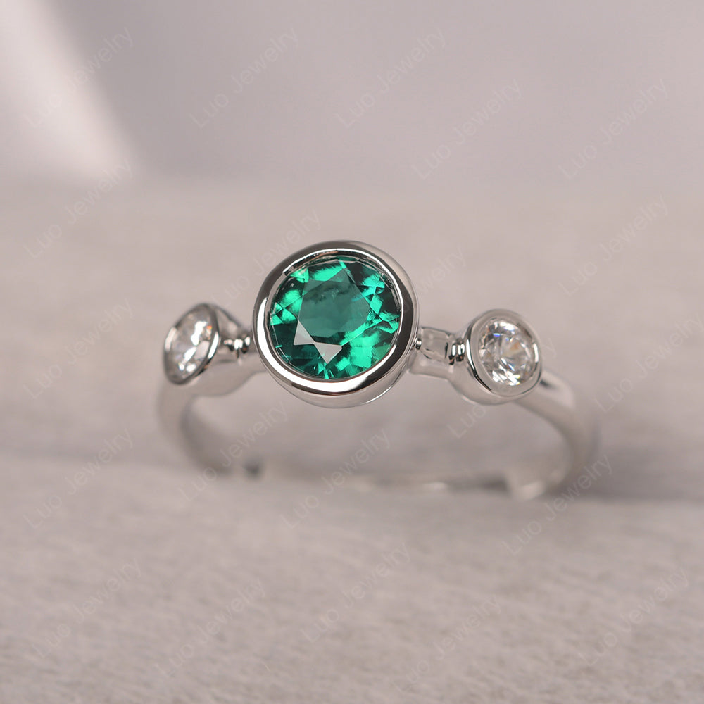 Lab Emerald Wedding Ring 3 Stone Bezel Set Ring - LUO Jewelry