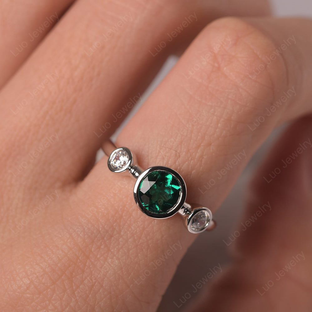 Lab Emerald Wedding Ring 3 Stone Bezel Set Ring - LUO Jewelry
