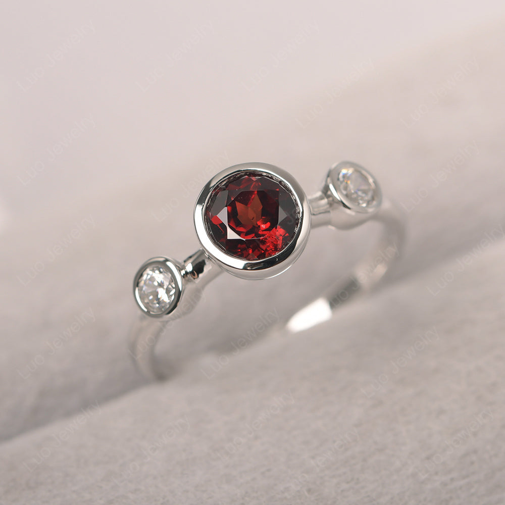 Garnet Wedding Ring 3 Stone Bezel Set Ring - LUO Jewelry