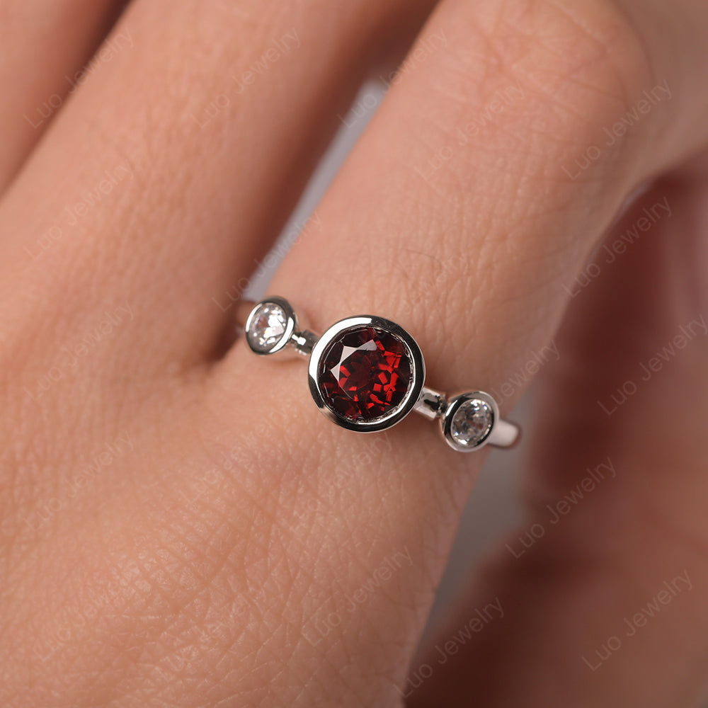 Garnet Wedding Ring 3 Stone Bezel Set Ring - LUO Jewelry