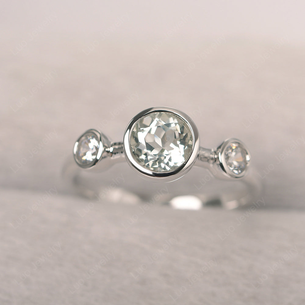 Green Amethyst Wedding Ring 3 Stone Bezel Set Ring - LUO Jewelry