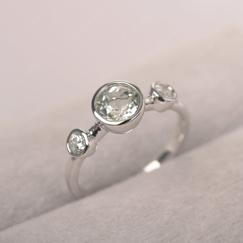 Green Amethyst Wedding Ring 3 Stone Bezel Set Ring - LUO Jewelry