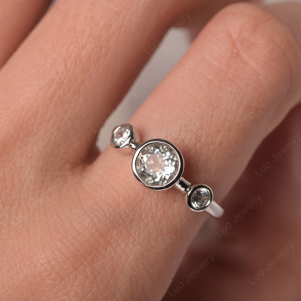 Green Amethyst Wedding Ring 3 Stone Bezel Set Ring - LUO Jewelry