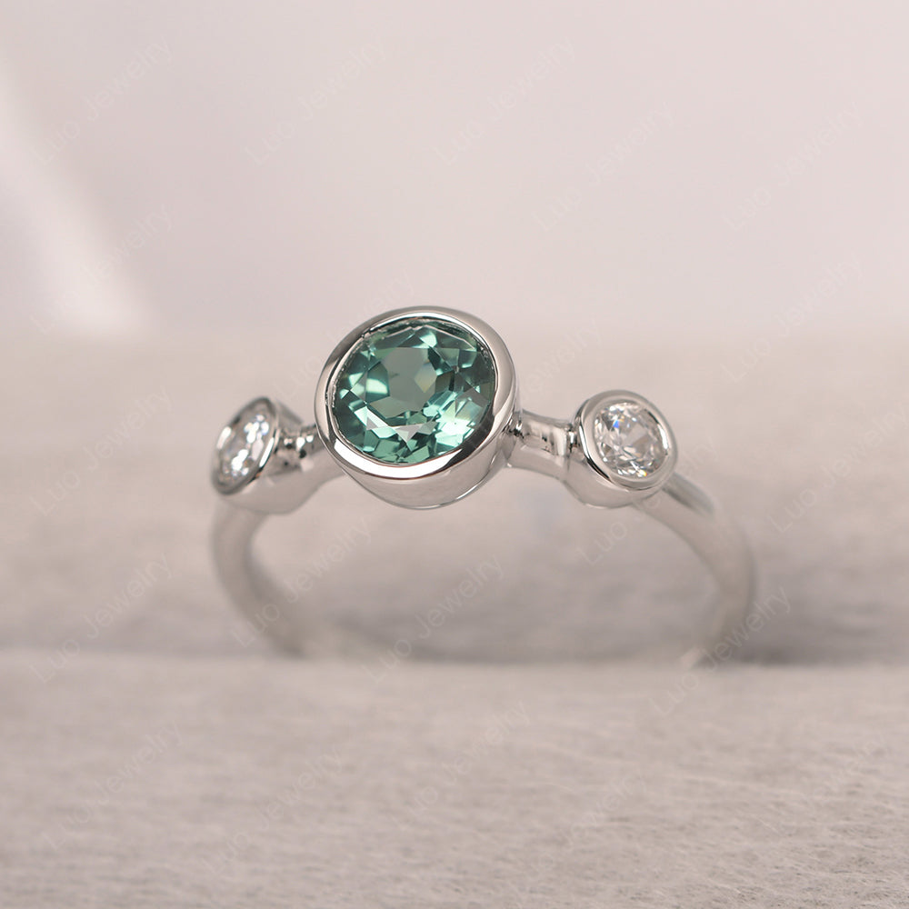 Green Sapphire Wedding Ring 3 Stone Bezel Set Ring - LUO Jewelry