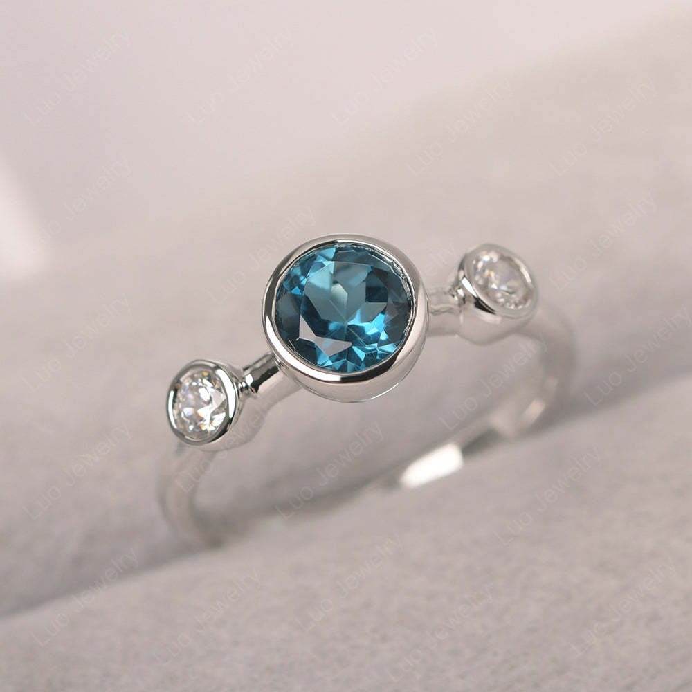 London Blue Topaz Wedding Ring 3 Stone Bezel Set Ring - LUO Jewelry