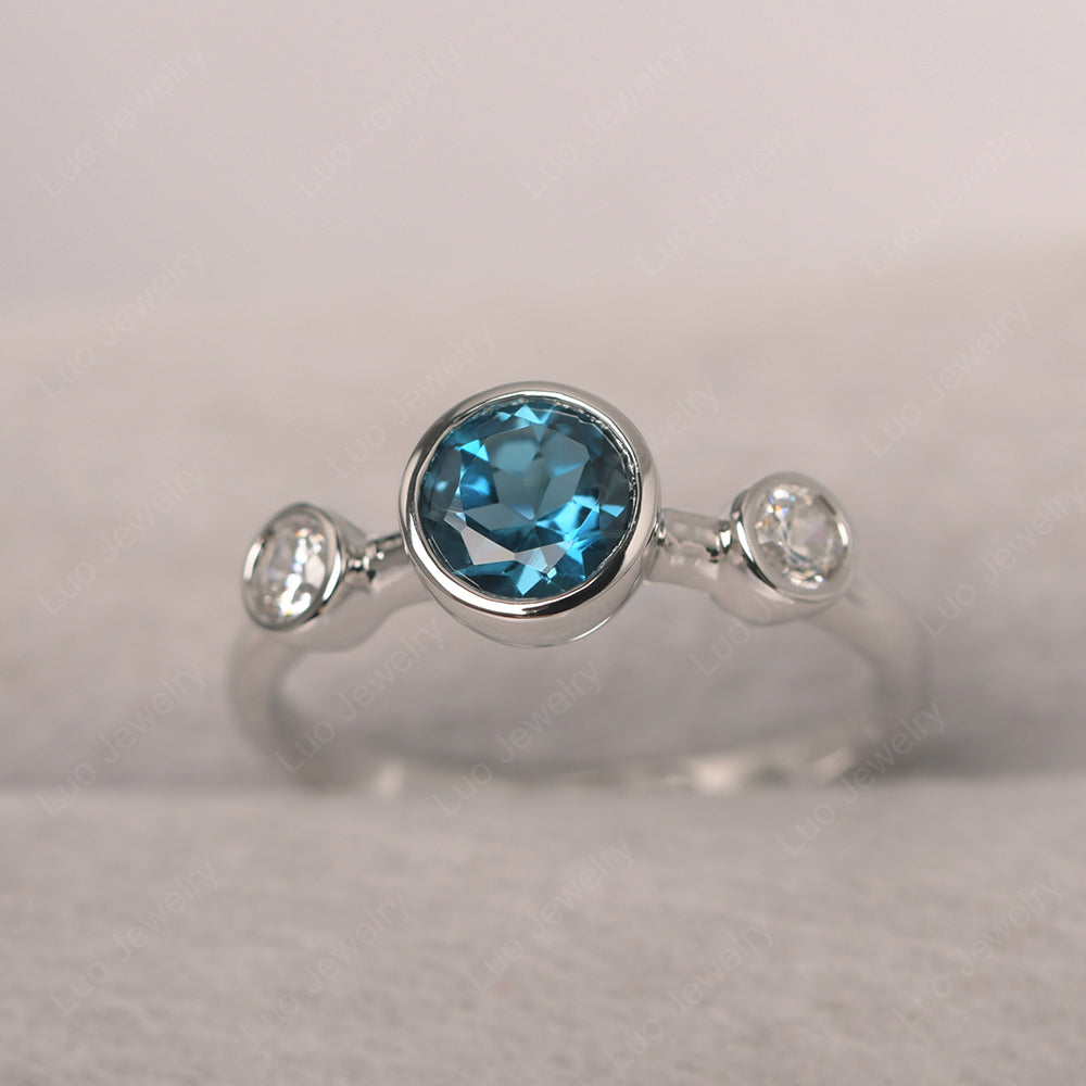 London Blue Topaz Wedding Ring 3 Stone Bezel Set Ring - LUO Jewelry