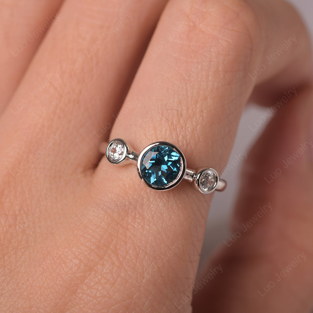 London Blue Topaz Wedding Ring 3 Stone Bezel Set Ring - LUO Jewelry