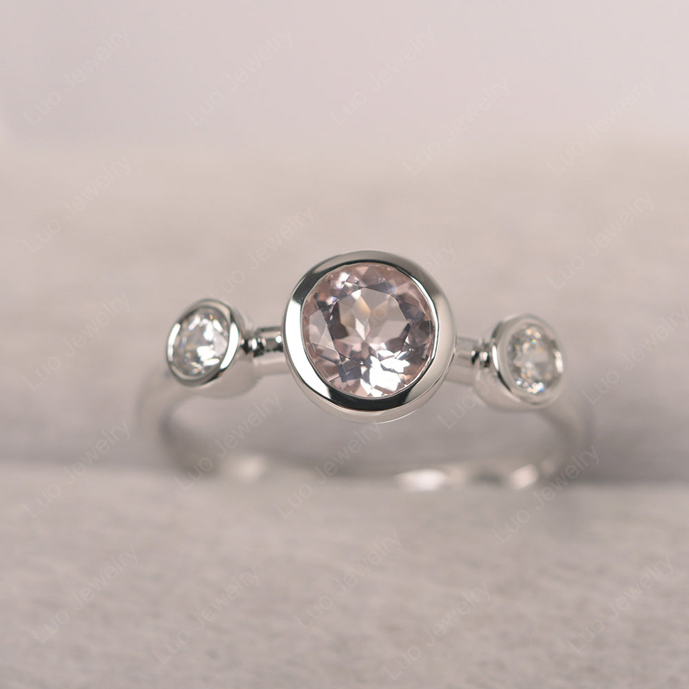 Morganite Wedding Ring 3 Stone Bezel Set Ring - LUO Jewelry