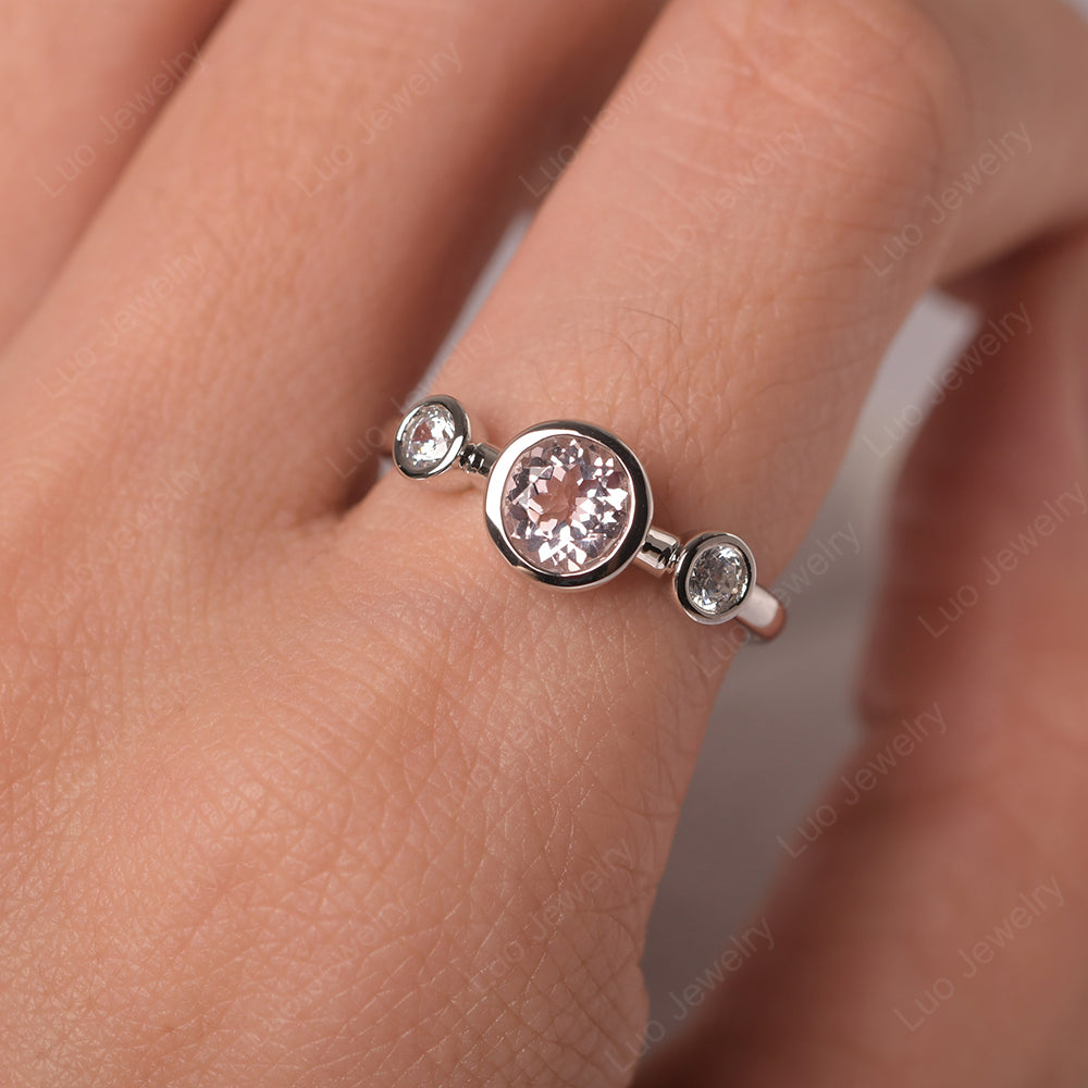 Morganite Wedding Ring 3 Stone Bezel Set Ring - LUO Jewelry