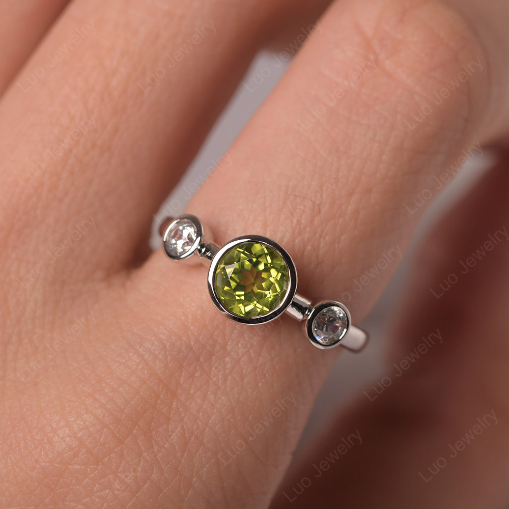 Peridot Wedding Ring 3 Stone Bezel Set Ring - LUO Jewelry
