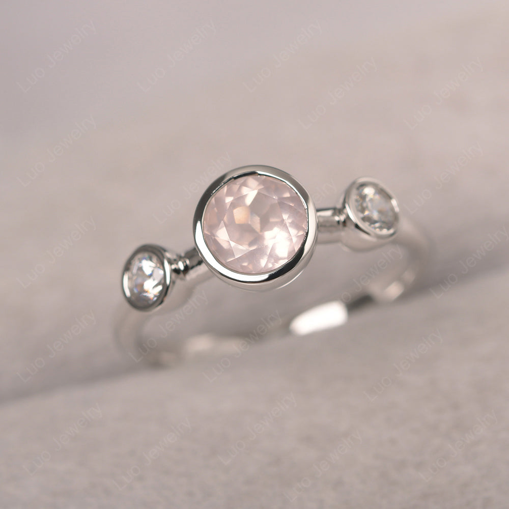 Rose Quartz Wedding Ring 3 Stone Bezel Set Ring - LUO Jewelry