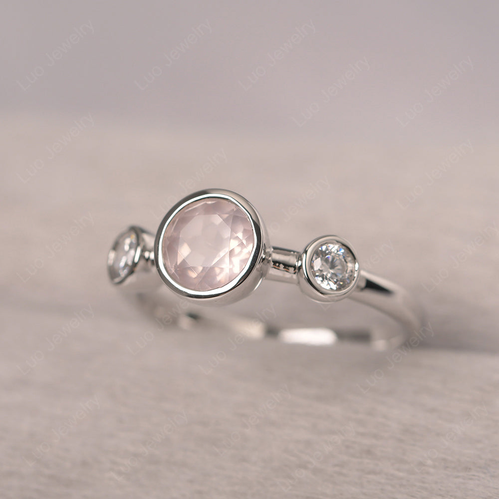 Rose Quartz Wedding Ring 3 Stone Bezel Set Ring - LUO Jewelry