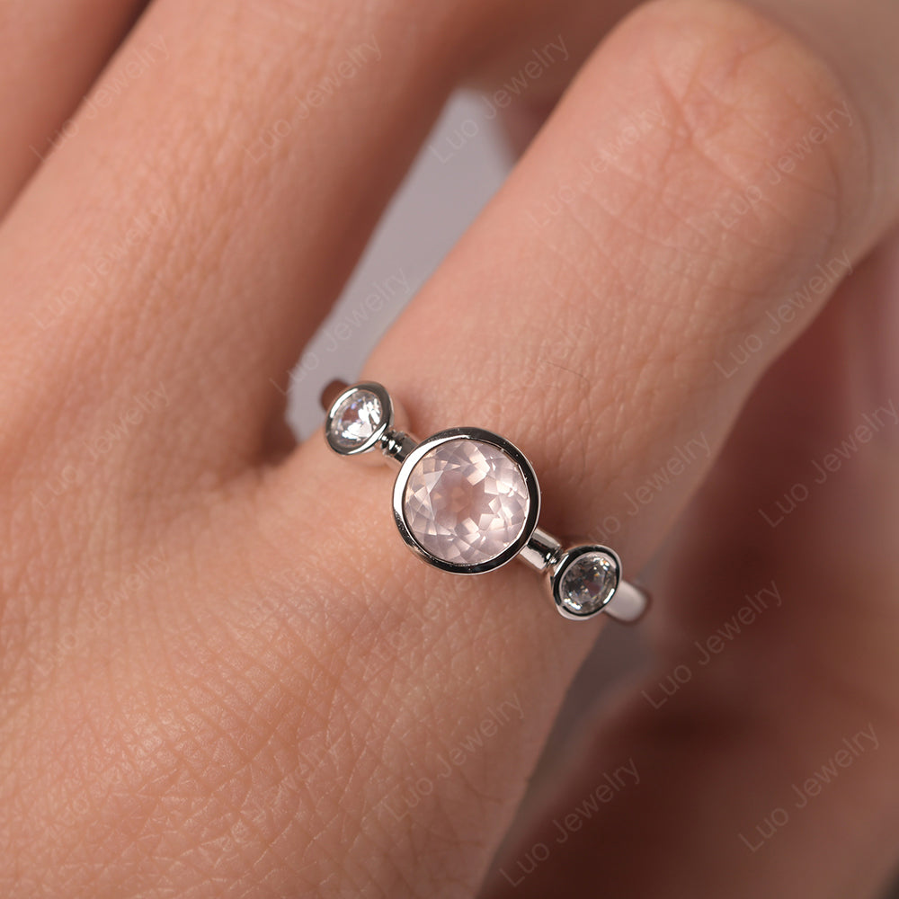 Rose Quartz Wedding Ring 3 Stone Bezel Set Ring - LUO Jewelry