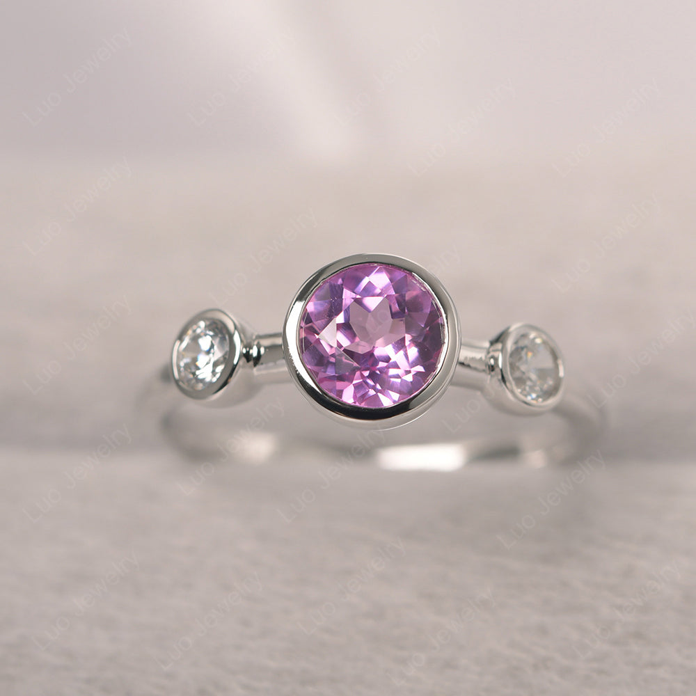 Pink Sapphire Wedding Ring 3 Stone Bezel Set Ring - LUO Jewelry