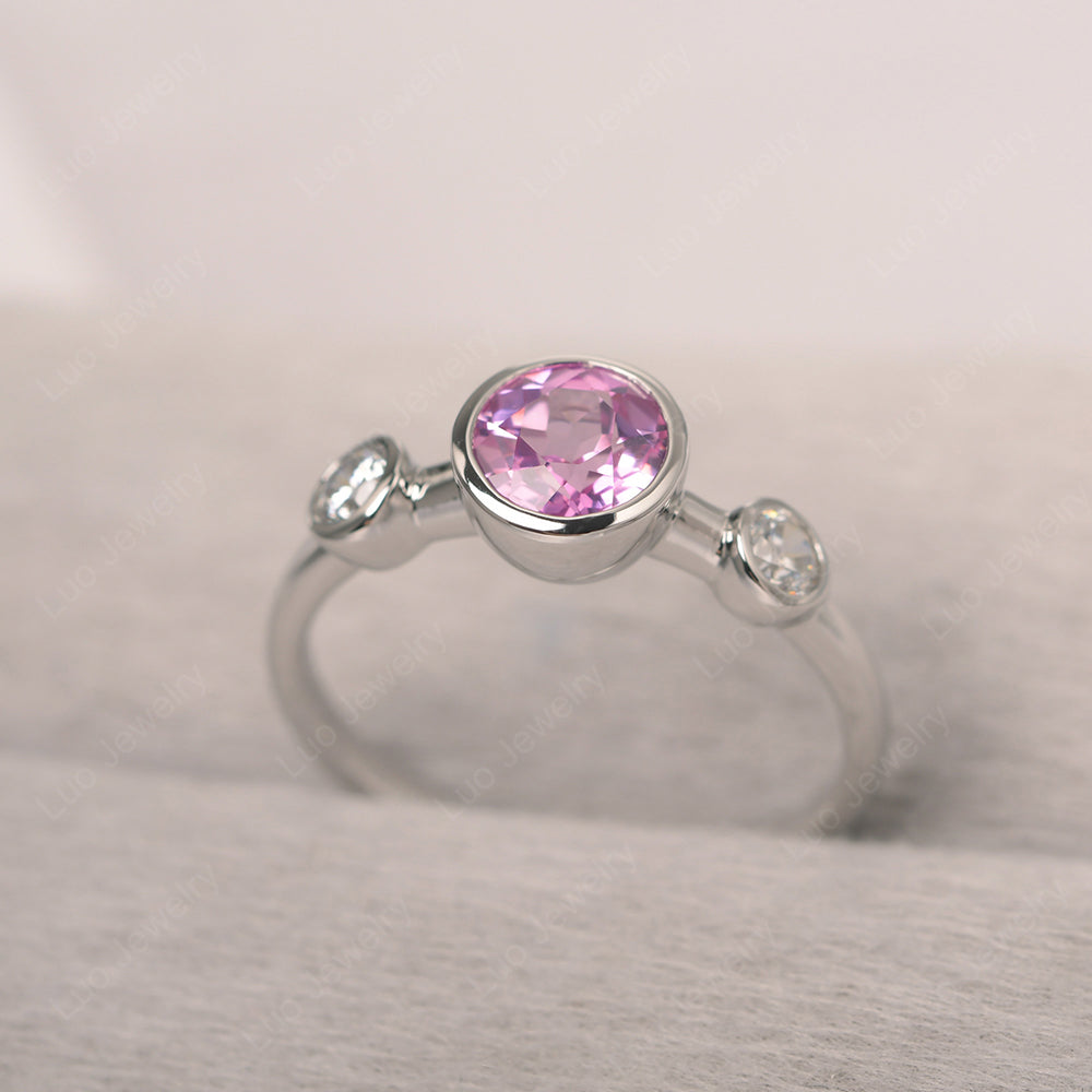 Pink Sapphire Wedding Ring 3 Stone Bezel Set Ring - LUO Jewelry