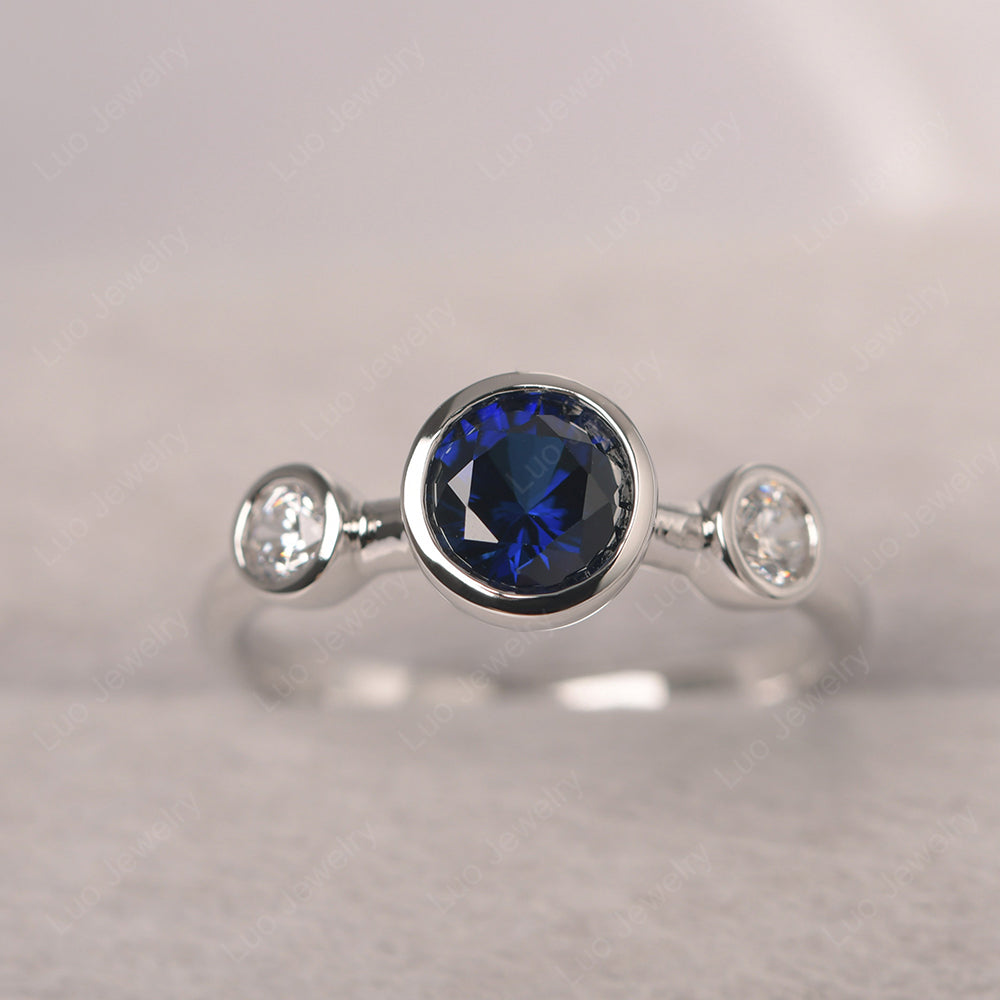 Lab Sapphire Wedding Ring 3 Stone Bezel Set Ring - LUO Jewelry