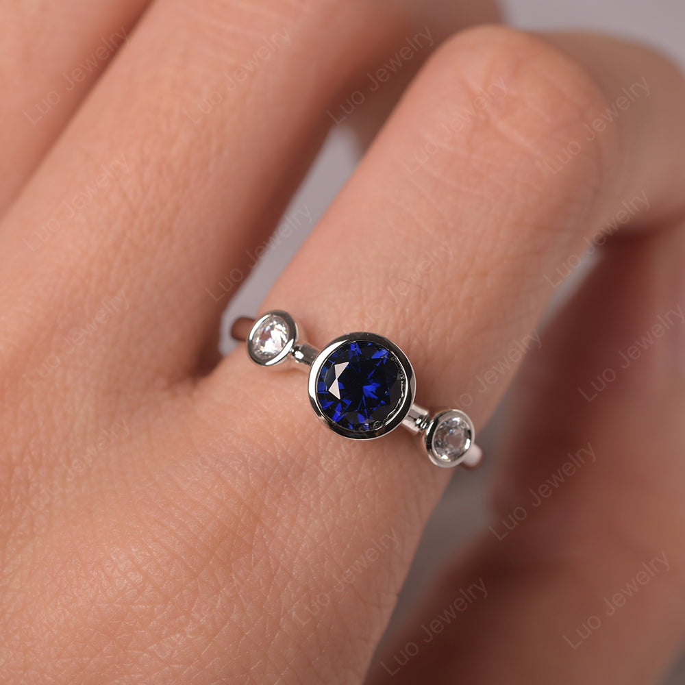 Lab Sapphire Wedding Ring 3 Stone Bezel Set Ring - LUO Jewelry