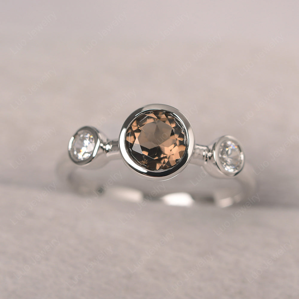 Smoky Quartz  Wedding Ring 3 Stone Bezel Set Ring - LUO Jewelry