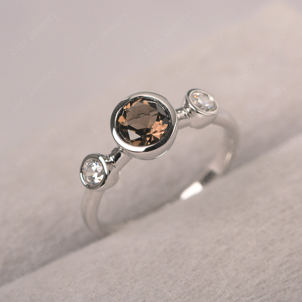 Smoky Quartz  Wedding Ring 3 Stone Bezel Set Ring - LUO Jewelry