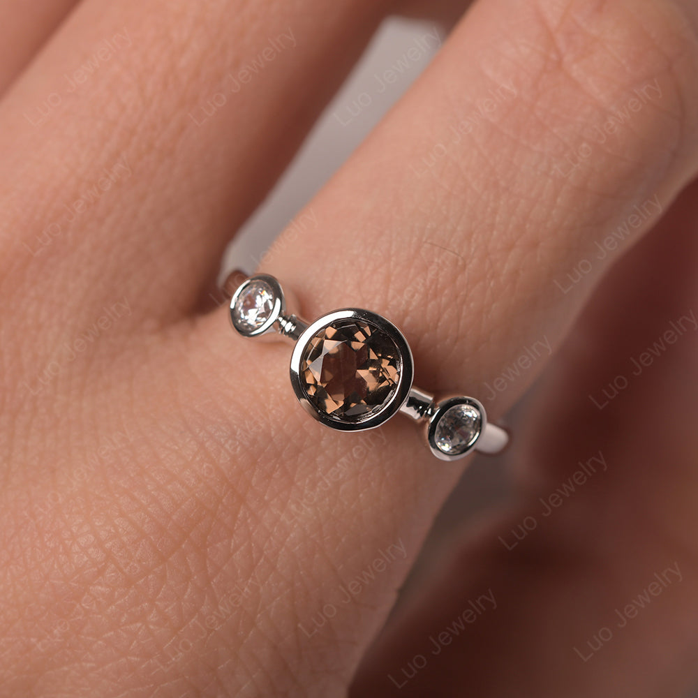 Smoky Quartz  Wedding Ring 3 Stone Bezel Set Ring - LUO Jewelry