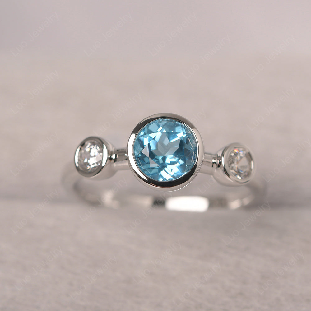 Swiss Blue Topaz Wedding Ring 3 Stone Bezel Set Ring - LUO Jewelry