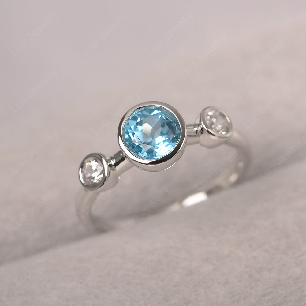 Swiss Blue Topaz Wedding Ring 3 Stone Bezel Set Ring - LUO Jewelry