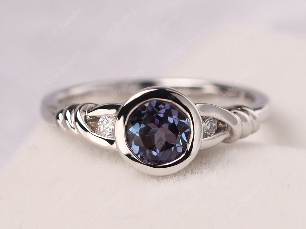 Alexandrite Ring Round Bezel Engagement Ring - LUO Jewelry