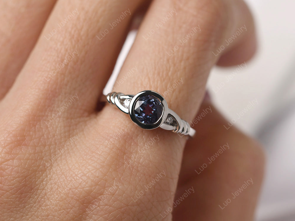 Alexandrite Ring Round Bezel Engagement Ring - LUO Jewelry