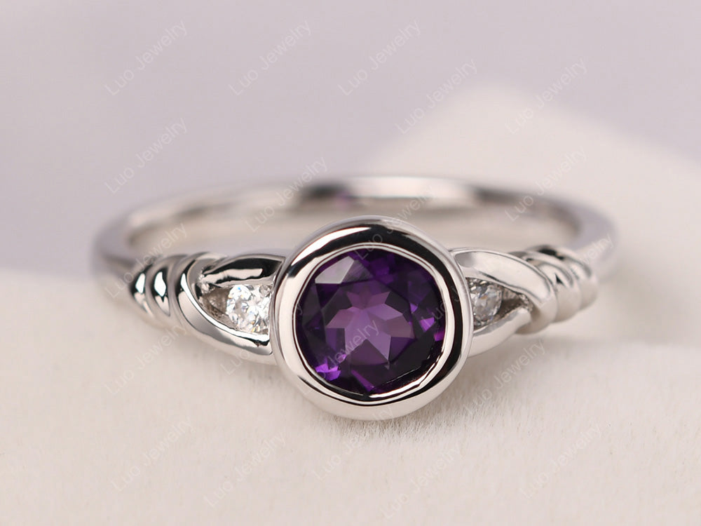 Amethyst Ring Round Bezel Engagement Ring - LUO Jewelry