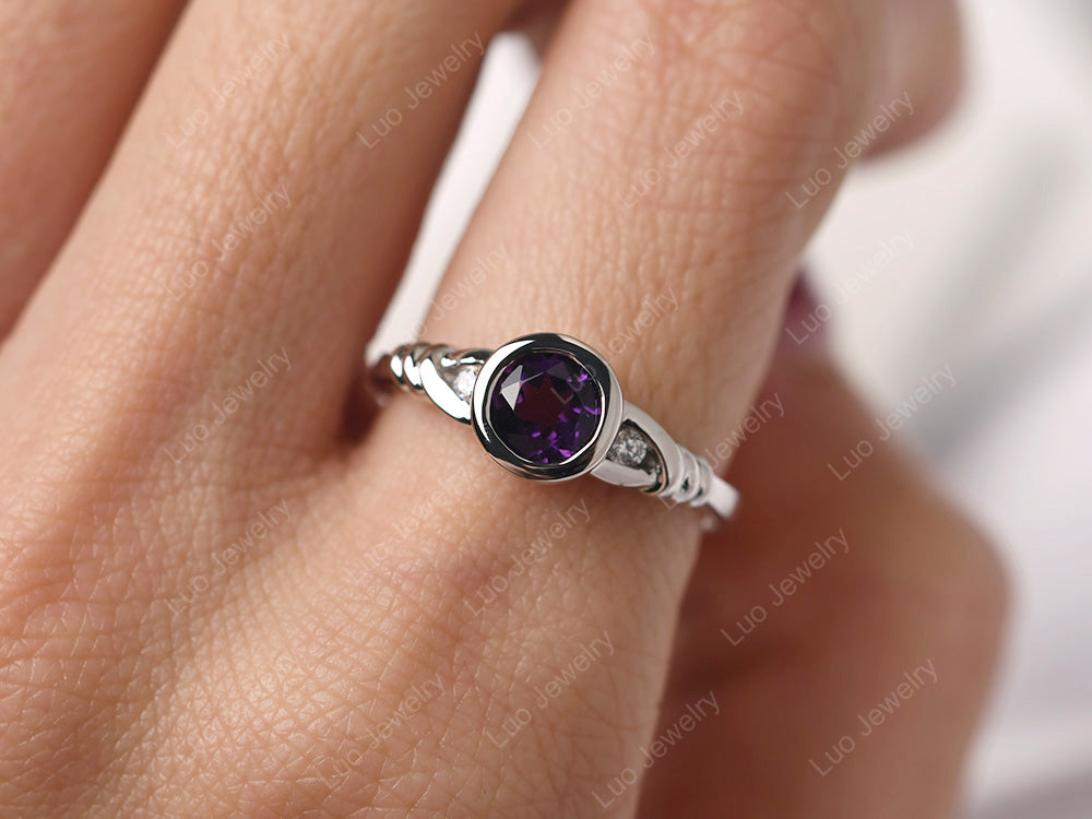 Amethyst Ring Round Bezel Engagement Ring - LUO Jewelry
