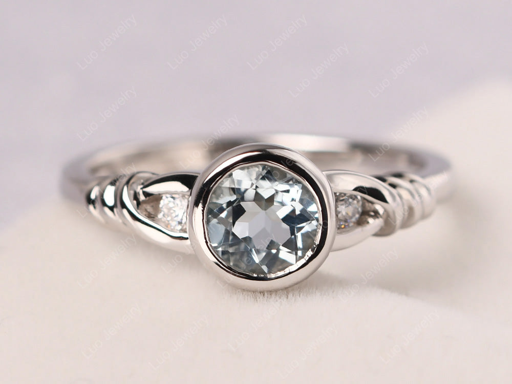 Aquamarine Ring Round Bezel Engagement Ring - LUO Jewelry